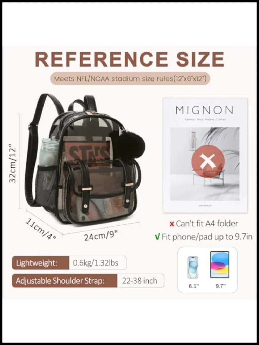 Clear Backpack for Stadium Events, Small Transparent Bookbag for Women Girls